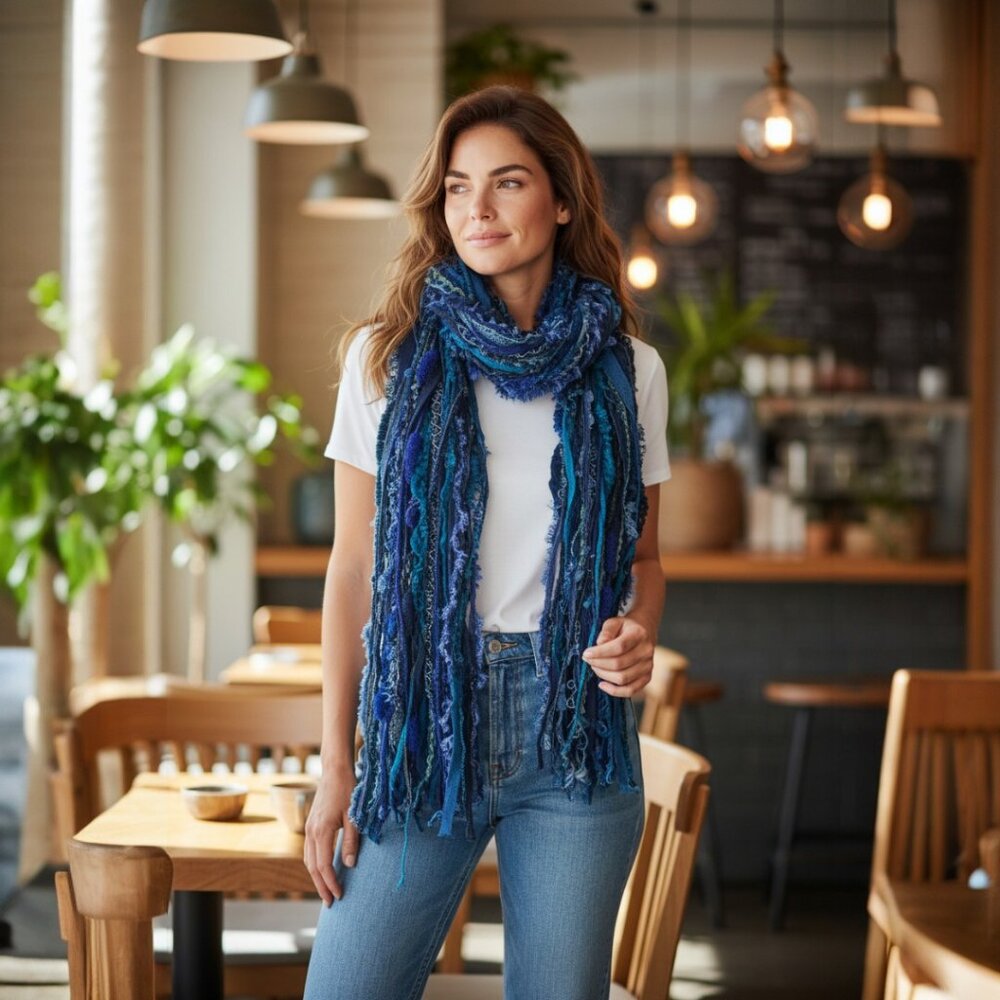 Navy and teal Mix Yarn Scarf 60 inch